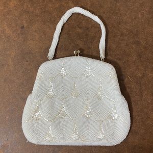 Lovely Vintage White Beaded Handbag/Evening Bag with Optional Beaded Handle